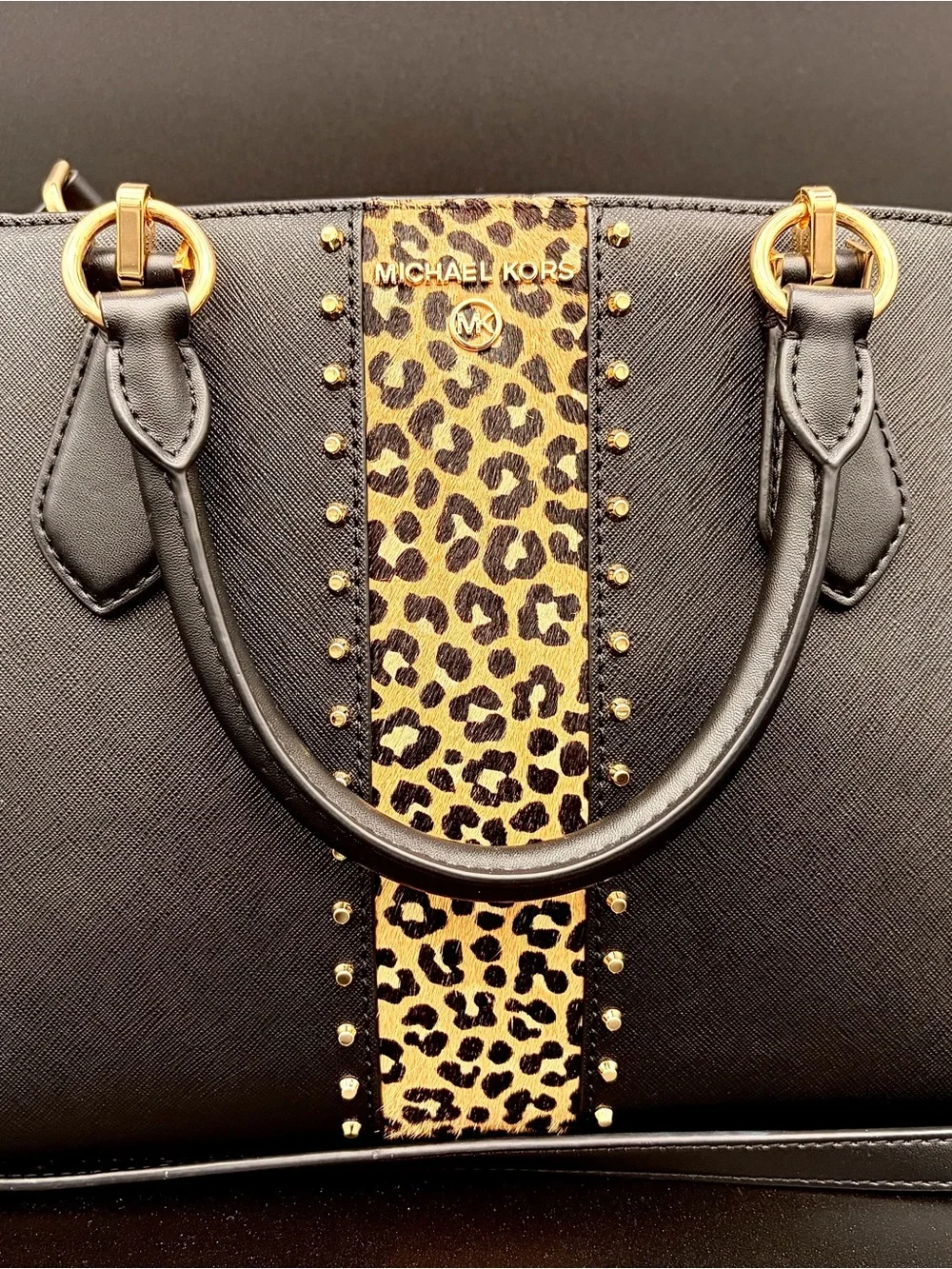 Michael Kors Marilyn Medium Leopard Print Saffiano Leather Satchel Handbag Purse
